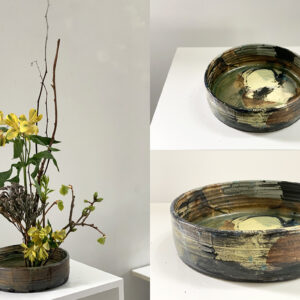 Montage of a shallow vase with ikabana arrangement.
