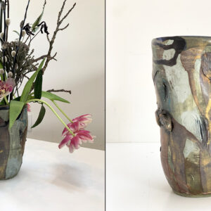 wide pottery vase with flowers