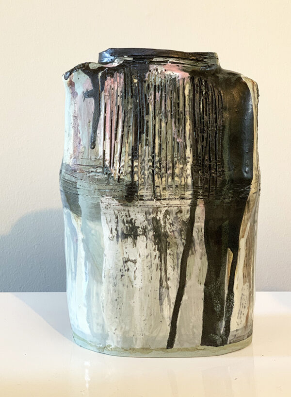 tall vase with black dripped glaze
