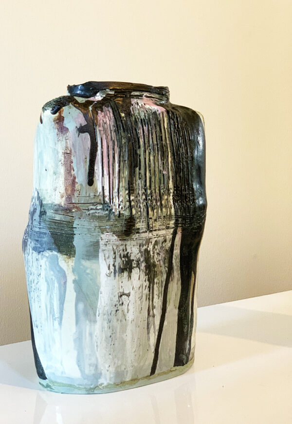 tall vase with black dripped glaze